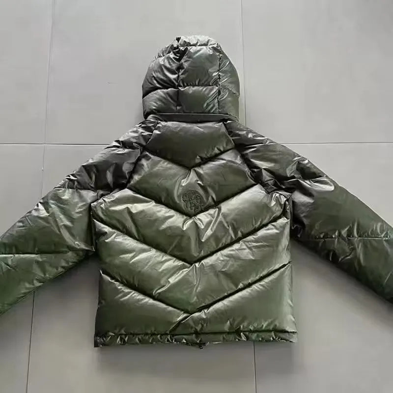 BIBE.CLUB Neon Handprint Puffer Jacket – Dark Green Oversized Streetwear Winter Jacket