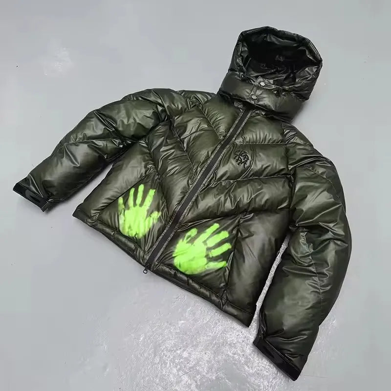 BIBE.CLUB Neon Handprint Puffer Jacket – Dark Green Oversized Streetwear Winter Jacket