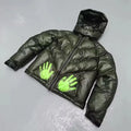 BIBE.CLUB Neon Handprint Puffer Jacket – Dark Green Oversized Streetwear Winter Jacket