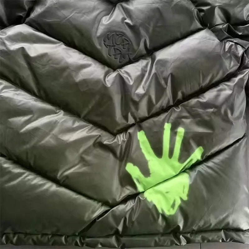 BIBE.CLUB Neon Handprint Puffer Jacket – Dark Green Oversized Streetwear Winter Jacket